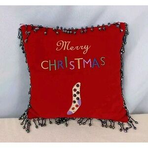 VTG Red Beaded Velvet Pillow Merry Christmas Small Sequin Stocking Throw Pillow